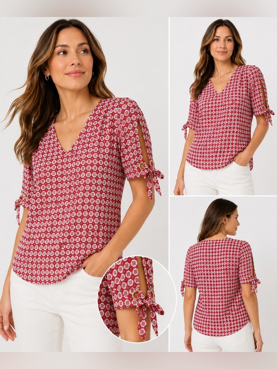 Liz Claiborne Tops - Liz Claiborne Red & White Patterned Blouse with Tie Sleeves Size S